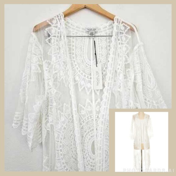 Rachel Zoe Tops - Rachel Zoe Lace Duster White Kimono Cover Up Embroidered Open Front OS Boho